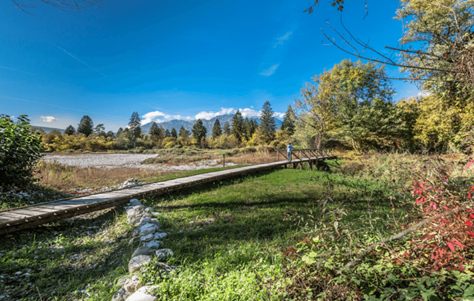 Una passerella in legno con dietro il torrente Rimonta